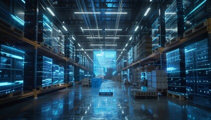 A futuristic warehouse with digital blue holographic lines and data visualizations floating above the pallets of goods