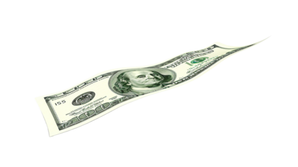 Flying 100 American dollars banknote isolated on transparent background.

