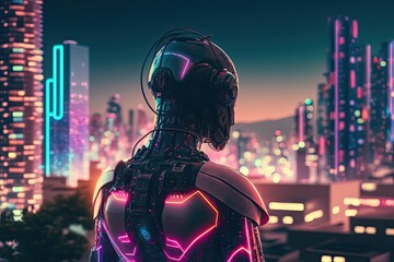 Robot is helpful, cyberpunk, kind of expanding brand, with background of technology and future city.
