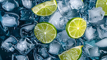 Blue water with ice cubes and lime slices background, top view, summer holiday concept