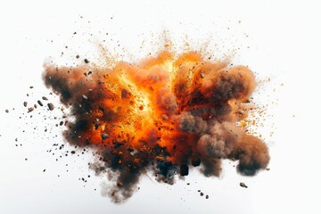 Photo of A powerful explosion isolated on white background, realistic photo