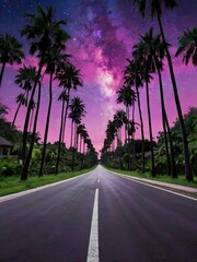 Tropical paradise landscape with palm trees in silhouette against a fiery sunset sky