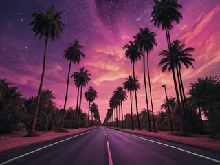 Tropical paradise landscape with palm trees in silhouette against a fiery sunset sky