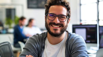 Obraz premium portrait cheerfully of programmer in office, background, advertising