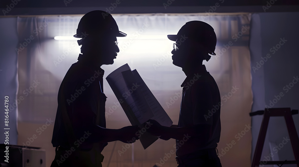 Poster silhouette engineer and architect are planning or consulting the construction of new projects bluepr
