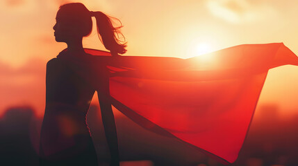 Abstract silhouette portrait of young hero woman with super person red cape guard city : Generative AI