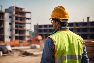 Fototapeta premium Project construction engineer at construction site, back view