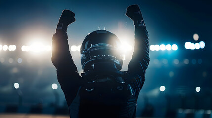 Silhouette of race car driver celebrating the win in a race against bright stadium lights 100 FPS slow motion shot : Generative AI