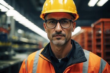 Professional engineer worker wearing hat and safety suit in factory