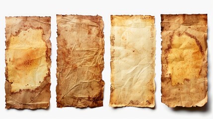 Four aged rectangular cardboard papers with yellow stains isolated on white background