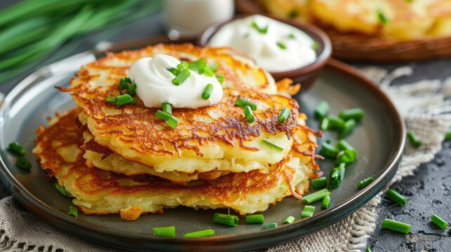 Golden brown potato pancakes with a crispy texture served with sour cream and chives