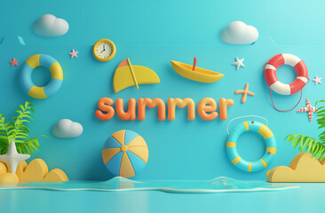 Summer beach scene with inflatable toys, lifebuoys, beach ball, sailboat, clock, and vibrant summer decorations, featuring palm leaves, clouds, starfish, and the word ‘summer’ in playful fonts