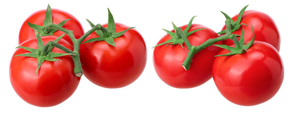 bunch of fresh red tomatoes isolated, macro tomato studio photo, transparent PNG, PNG format, collection, set