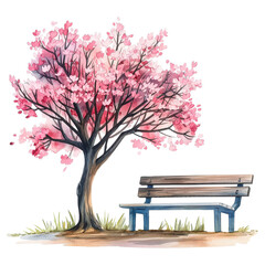watercolor hand drawn pink cherry tree and bench isolated on transparent background.