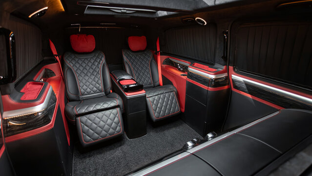 Novosibirsk, Russia -  April 13  , 2024: Mercedes-Benz V-Class, Leather interior design,  rows of seats in a minivan, car passenger seats with seats belt.