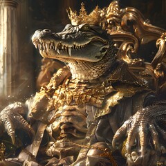 Fototapeta premium Crocodile king wearing a golden crown and royal robes