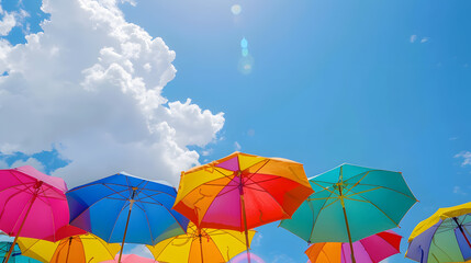 Fototapeta na wymiar Colorful beach umbrellas against blue sky background, summer vacation concept. Rainbow color sun umbrella for shading from the sunshine