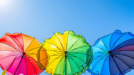 Colorful beach umbrellas against blue sky background, summer vacation concept. Rainbow color sun umbrella for shading from the sunshine - Powered by Adobe