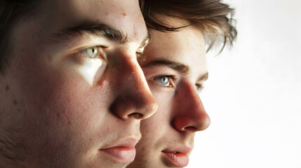 Fototapeta premium close up portrait two caucasian young men in shadow white background : Generative AI