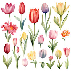 Fototapeta premium Watercolor stickers set clipart full color tulip flower