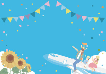 旅行　夏　フレーム　人物　家族　ひまわり　背景　コピースペース　イラスト素材