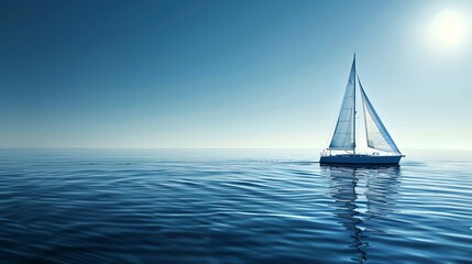 The deep blue sea is the perfect backdrop for the white sailboat. The boat is in the center of the image, and the sun is shining down on it.