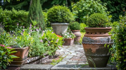 Ornamental potted plants are positioned in the garden