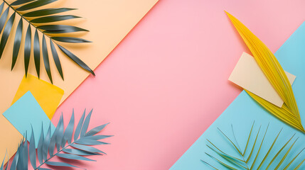 Fototapeta na wymiar Colorful pastel background with palm leaves and geometric shapes, flat lay composition for summer concept. Minimal trendy design