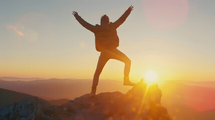 SILHOUETTE LENS FLARE Victory jump of a young guy on a mountaintop at sunrise He is celebrating as he reaches the top when first rays of autumn morning sun start spilling over the alpi : Generative AI