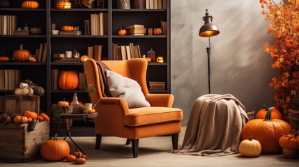 A Festive Living Room Decorated With an Abundance of Autumn Pumpkins
