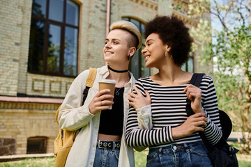 Multicultural lesbian couple, young female students, stand in front of a building on a university...