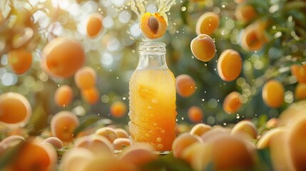Apricot Grove Juice Bottle Framed by Spiraling Fruit Peels