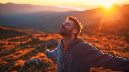 Fototapeta premium A calm handsome man in his thirties with his eyes closed and arms outstretched, breathing the fresh air on a mountain hill at sunrise