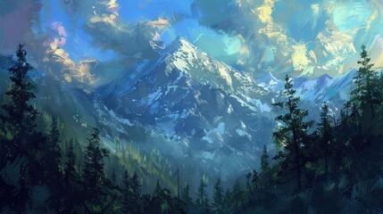 Obraz premium Mountain Majesty Echoing Through the Sky and Trees