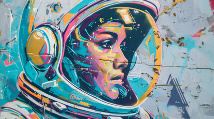 Vibrant Graffiti Portrait of Female Astronaut in Helmet