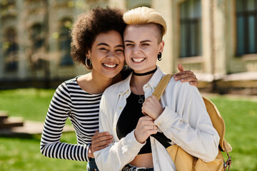 a multicultural lesbian couple, posing together in stylish attire outdoors near a university campus.
