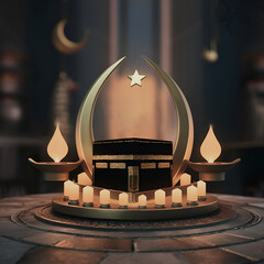 Unveiling the symbols of Eid al Adha, star and crescent, Kaaba, and oil lamps mockup template