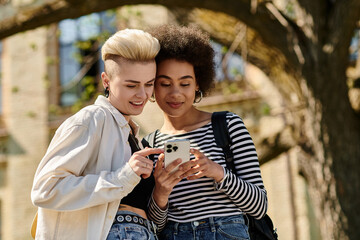 Two young women, casually dressed, engrossed in cell phone, standing together outdoors.