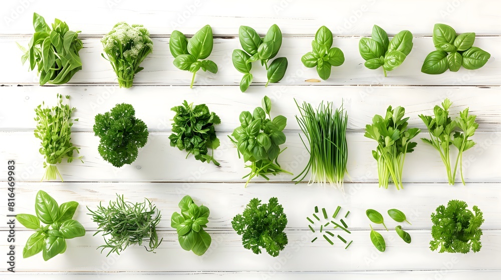 Wall mural fresh organic herbs and spices element or ornament isolated over a white background arranged bunches leaves blades and chopped pieces of parsley chives basil and mint top view flat lay