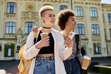 Two young women, a multicultural lesbian couple, stroll leisurely down the street, each holding a coffee cup.