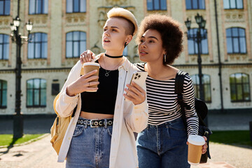 Two young women, a multicultural lesbian couple, stroll down a street near a university with coffee...