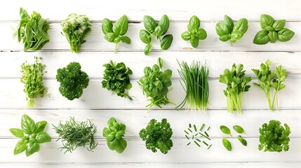 fresh organic herbs and spices element or ornament isolated over a white background arranged bunches leaves blades and chopped pieces of parsley chives basil and mint top view flat lay