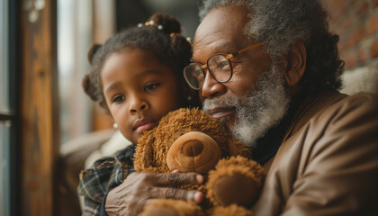 Warm picture capturing a touching moment between a grandfather and granddaughter as they share a tender embrace, celebrating father's day with affection and a symbolic teddy bear