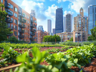 Illustrate a community garden thriving in an urban setting, showcasing the integration of green spaces in city planning selective focus, urban farming theme, vibrant, Composite, ag