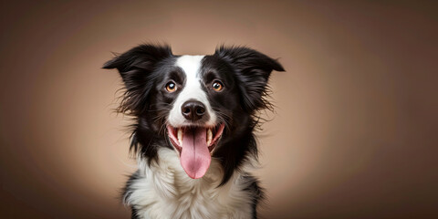 a cute black and white border collie dog with its tongue out, on a beige background, generative AI