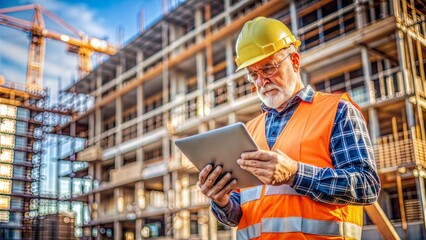 Construction Supervisor on Site: A seasoned construction supervisor in safety gear, reviewing project details on a tablet at the site.
