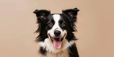 a cute black and white border collie dog with its tongue out, on a beige background, generative AI