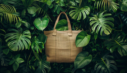 Reusable burlap tote bag nestled among lush green tropical leaves, symbolizing sustainable alternatives for international plastic bag free day