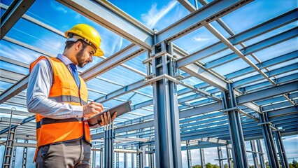 Structural Engineer Inspecting Framework: Close-up of a structural engineer inspecting steel framework at a construction site.

