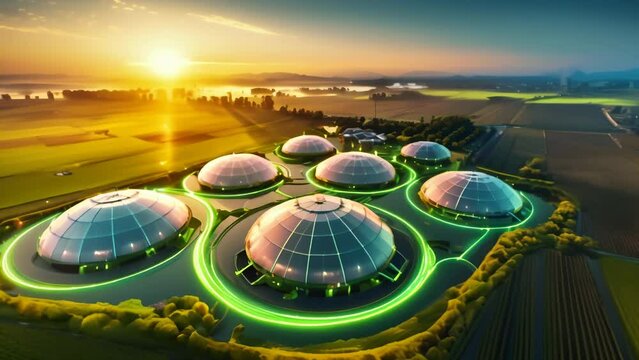 A futuristic green energy facility illuminated by the warm light of sunrise. The modern structures and surrounding fields highlight the harmony between technology and nature.